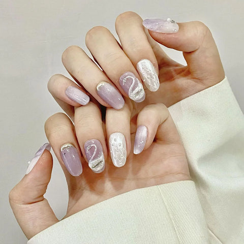 10pcs Handmade Mermaid Fake Nails Short Almond Glossy Cat's Eye Press On Nail With 3D Swan Designs Purple French False Nail Tips