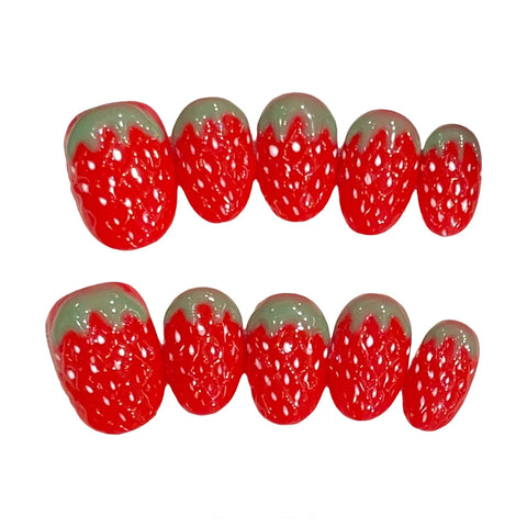 10pcs Red Strawberry Press On Nails Sweet Handmade Short Round False Nail Patches Glossy Cat's Eye Wearable Fake Nails Tips