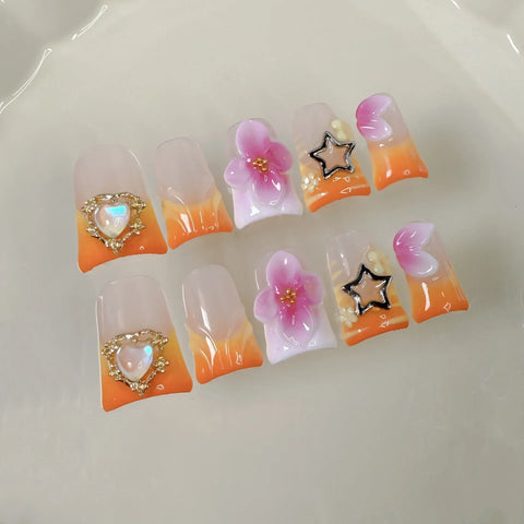 10pcs Handmade Press On Nail Gradient Vitality Orange French Style Fake Nails Y2k Star 3D Carving Flower Decor Summer False Nail