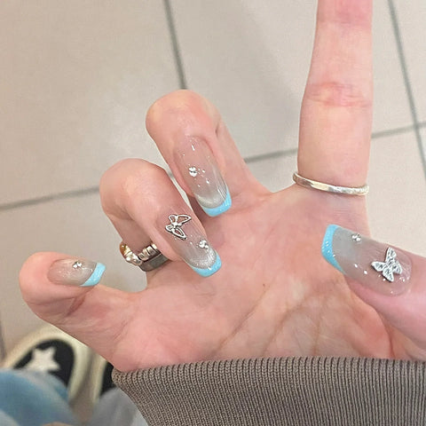 10pcs Blue Edge French Tips Press On Nails Handmade Grey Cat's Eye False Nail With Metal Butterfly Decor Short Reusable Manicure