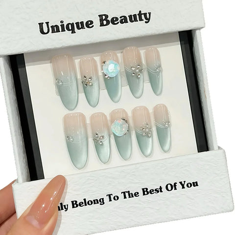 10pcs Solid Color Handmade False Nails Light Green French Style Gentle Long Almond Press On Nails Shiny Diamond Summer Fake Nail