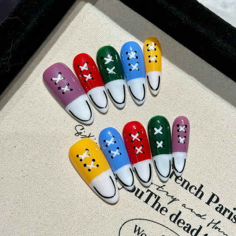 10pcs Handmade Blue Almond Fake Nail Tips Hand-painted Canvas Shoes Designs Press On Nails French Style Creative False Nails