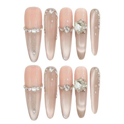 10pcs Handmade Press On Nails Pure Nude Color Cat's Eye Light Pink False Nails Glossy Diamond French Style Fake Nail Wearable