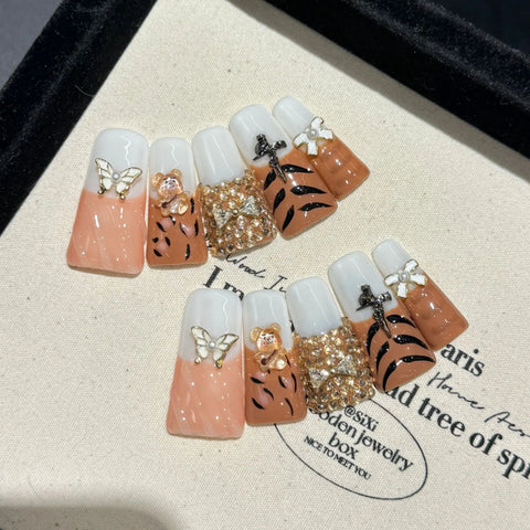 10pcs Gradient Green French Press On Nails 3D Bear Bowknots Pearl Star Love Heart Decor Handmade False Nail Duck Bill Manicure