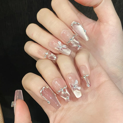 10pcs Handmade Press On Nails Crystal Butterfly Glossy Dimoand Decor False Nail Clear Cat Eye Sweet Pink French Style Fake Nails