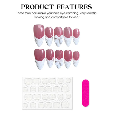 10pcs White French Handmade False Nails 3D Bowknots Designs Press On Nails Rose Pink Detachable Almond Fake Nail Patches