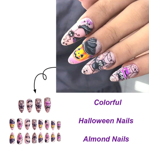 24pcs Wearable Almond False Nail Patches Halloween Theme Press On Nails With Dancing Spider Bat Pumpkin Designed DIY Manicure