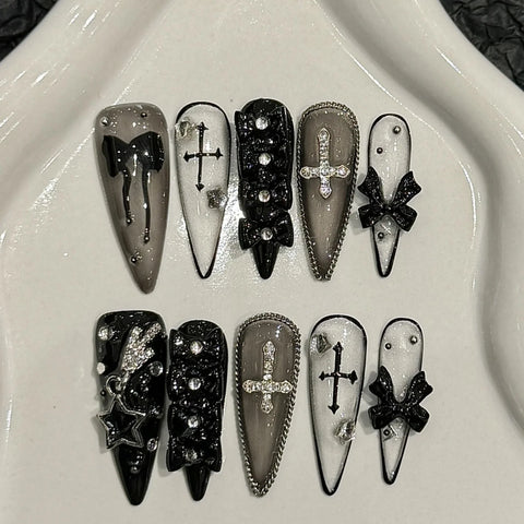 10pcs Handmade Press On Nails Dark Black Long Stiletto 3D Bowknots Rhinestone Decor False Nails Sweet Cool Manicure For Women