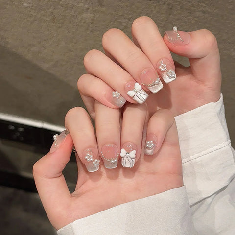 10pcs Handmade Nude Fake Nails Blush Pink Glossy Cat's Eye Press On Nails Bowknots Designs French False Nail Reusable Manicure