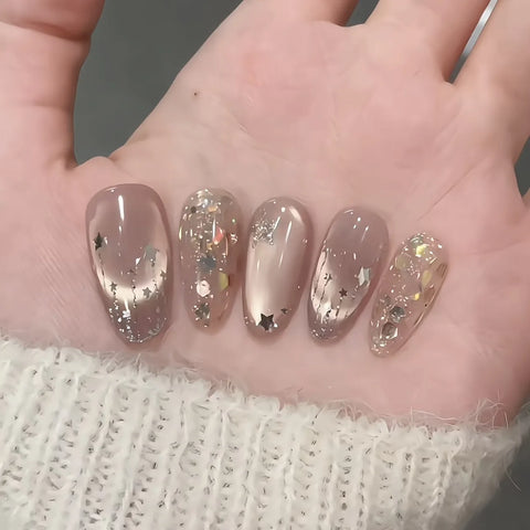 10pcs Baroque Handmade Press On Nails Romantic Cat's Eye Flash Silver Star Gold Foil Designs False Nail Y2k Almond Fake Nails