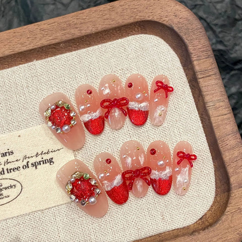 10pcs Blush Pink Fake Nail Patches Handmade Pearl Love Heart Press On Nails Planet Cross Designs Detachable Almond