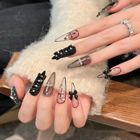 10pcs Handmade Press On Nails Dark Black Long Stiletto 3D Bowknots Rhinestone Decor False Nails Sweet Cool Manicure For Women