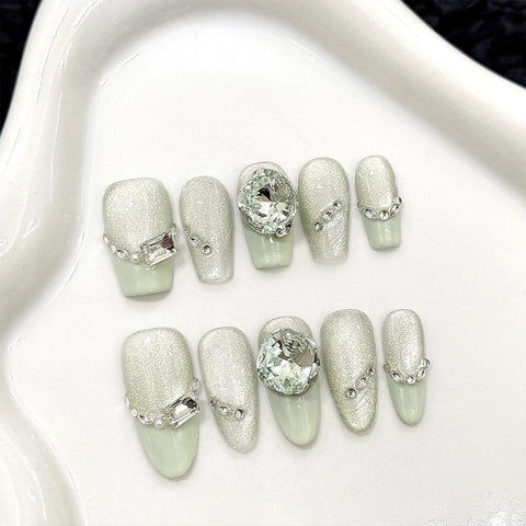 10pcs Summer Little Fresh Handmade Press On Nails Mint Green Cat's Eye Glossy Diamond Decor Fake Nails Simple French False Nail