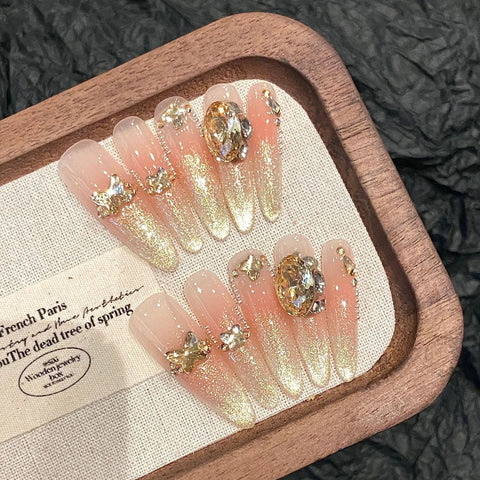 10pcs Handmade Red False Nails Long Stiletto Punk Style Press On Nails Y2k Glossy Diamond Flower Designs Fake Nail Patches