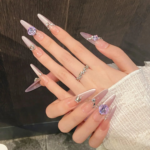 10pcs Charming Blush Handmade False Nails Gradient Purple French Long Almond Fake Nail With Glossy Rhinestone Press On Nails