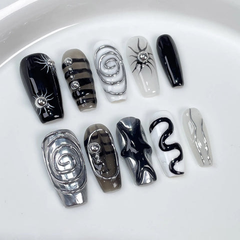 10pcs Baroque Handmade False Nails Mid-length Metal Graffiti Designs Press On Nails Y2k Punk Style Fake Nail Tips For Cool Girl