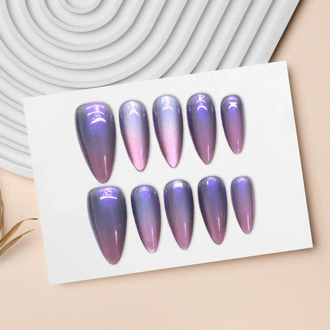 10pcs Glossy Cat's Eye Press On Nails Nude Purple Color Wearable Almond Handmade False Nails Daily Party Manicure For Women