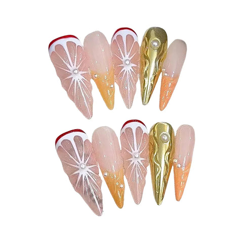 10pcs Handmade Press On Nails 3D Simulation Sweet Orange Designs False Nail Patches Reusable Long Stiletto Fake Nails Salon Art