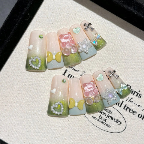 10pcs Gradient Green French Press On Nails 3D Bear Bowknots Pearl Star Love Heart Decor Handmade False Nail Duck Bill Manicure