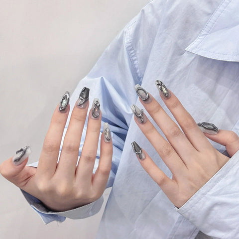 10pcs Baroque Handmade False Nails Mid-length Metal Graffiti Designs Press On Nails Y2k Punk Style Fake Nail Tips For Cool Girl