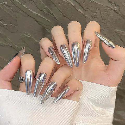 10pcs Handmade Silver Press On Nails Glossy Long Almond Fake Nail Patches Full Cover Ballerina Wearable False Nail Tips For Girl