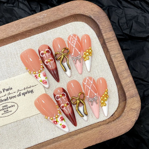 10pcs Retro Bowknots Press On Nails Glossy Pink Long Stiletto White French Style Handmade False Nails Spring Flower Fake Nail