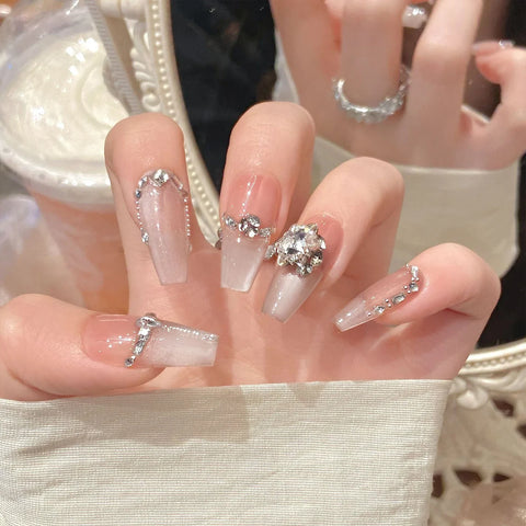 10pcs Handmade Press On Nails Pure Nude Color Cat's Eye Light Pink False Nails Glossy Diamond French Style Fake Nail Wearable