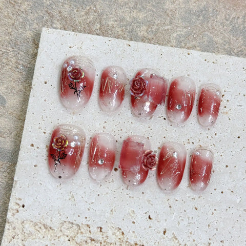 10pcs Sweet Short Oval Fake Nail Patches Hand-painted 3D Pink Strawberry Flower Press On Nails Spring Summer Fresh Handmade Nail