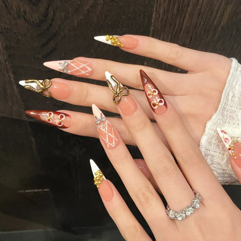 10pcs Retro Bowknots Press On Nails Glossy Pink Long Stiletto White French Style Handmade False Nails Spring Flower Fake Nail