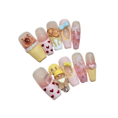 10pcs Cute Kapibala Handmade Fake Nails Blush Pink Hand-painted French Style Press On Nails Bowknots Decor Wearable False Nail