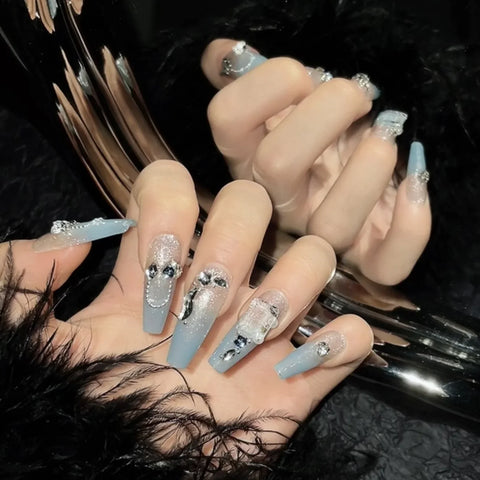 10pcs Gradient Blue Fake Nail Tips Handmade French Style Press On Nails With Flash Chain Rhinestone Decor Wearable False Nails