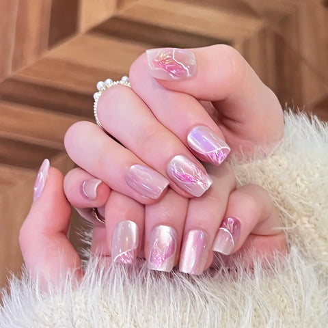 10pcs Nude Pink Cat's Eye Press On Nails Handmade Pink Mermaid Tail Pattern False Nails Sweet European Wearable Fake Nail Tips