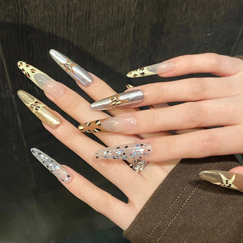 10pcs Vintage Leopard Print French Press On Nails Y2k Magic Mirror Dark Brown Handmade Fake Nails Flash Sequins False Nail Tips