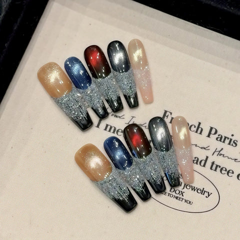 10pcs Spicy Girls Wearable Fake Nails Starry Sky Cat's Eye Long Coffin Handmade Press On Nails Full Shiny Diamond Y2k False Nail