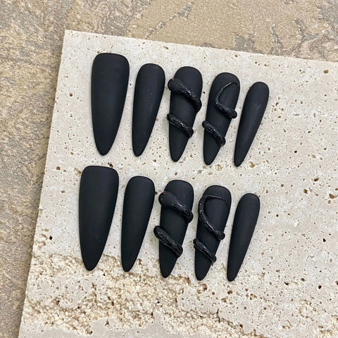 10pcs Handmade Press On Nails Dark Black Long Stiletto 3D Bowknots Rhinestone Decor False Nails Sweet Cool Manicure For Women
