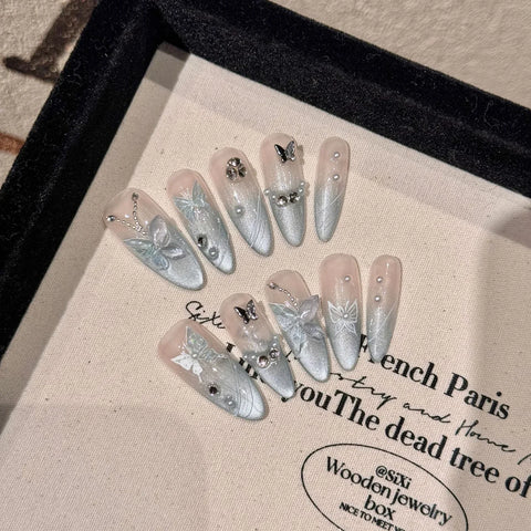 10pcs Handmade Long Almond False Nails Glitter Cat's Eye Press On Nails With Matal Butterfly Diamond Decor French Style Manicure