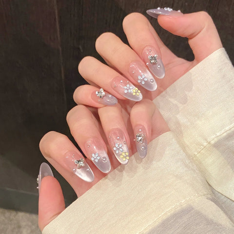 10pcs Candy Ice Flower False Nails Handmade Light Blue French Style Ctystal Butterfly Press On Nail Dopamine spring Fake Nails