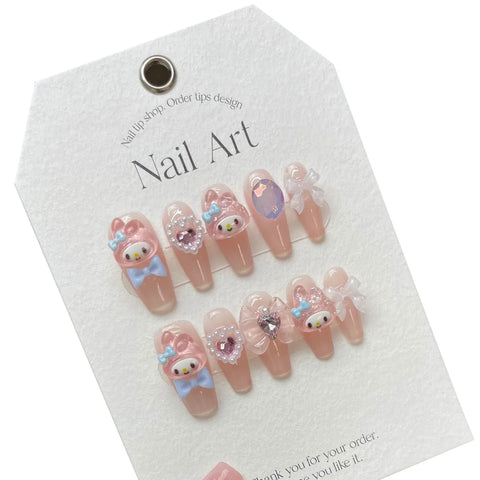 10pcs Handmade Press On Nails Lignt Pink Cute Cartoon Decor False Nail Patches 3D Bows Pearl Designs Korean Fake Nail Tips