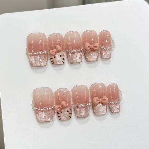 10pcs Short Ladder Handmade False Nails Hand-painted Sweet Cat French Blush Fake Nail With Pink Stereo Bowknots Press On Nail