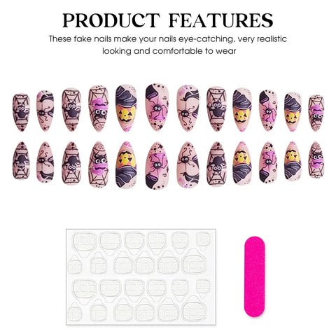24pcs Wearable Almond False Nail Patches Halloween Theme Press On Nails With Dancing Spider Bat Pumpkin Designed DIY Manicure