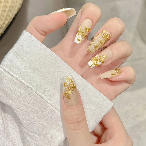10pcs Handmade Autumn Press On Nails Mid-length Ladder Gold Foil Flower Tips Fake Nail White French Style False Nail For Women