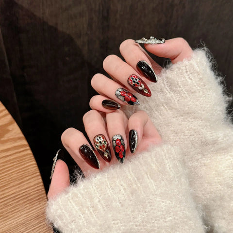 10pcs Handmade Press On Nails For Hot Girl Dark-red Almond Glitter Powder Design False Nails With Glossy Diamond Decor Fake Nail