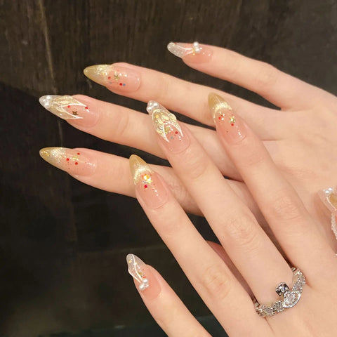10pcs Shimmery Cat's Eye Handmade False Nails Hand-painted Gold Mermaid Tail Pearl Press On Nails Sweet Girls Almond Fake Nail