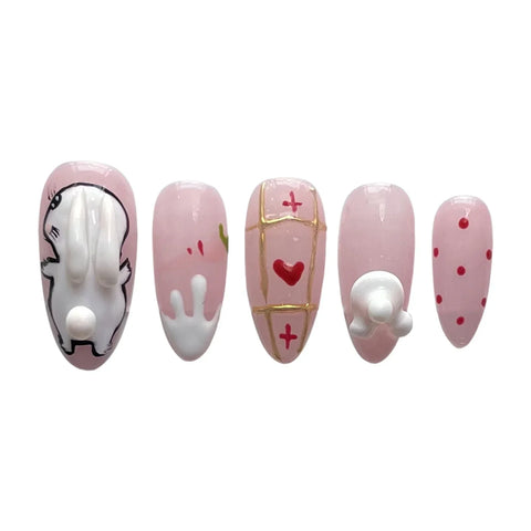 10pcs White Rabbit Press On Nails Handmade Pink Almond Fake Nail Patches With Gold Stripe Love Heart Decor Wearable False Nails