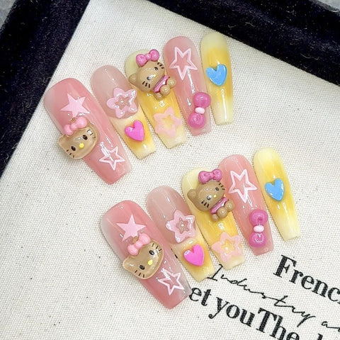 10pcs Pink French Fake Nail Patches Handmade Long Almond Press On Nails Leopard Print Metal Chain Designs False Nail Tips Art