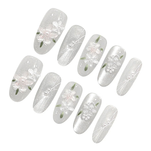 10pcs Glossy Cat's Eye Press On Nails Handmade White Almond False Nails 3D Flower Leaf Designs Fake Nail Patches For Women