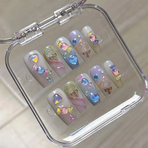 10pcs Detachable Press on Nails Sugar Cream Sparkling Handmade Fake Nails Glossy Purple False Nail Tips With 3D Moon Star Design