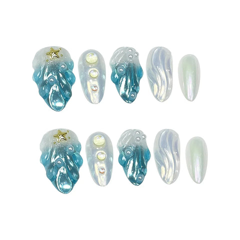 10pcs 3D Summer Handmade Fake Nails Glossy French Style Press On Nail Fflash Shells Pearl Golden Star Designs Press On Nails