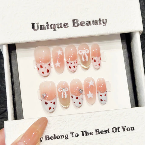 10pcs Y2k Bowknot Star Press On Nails Sweet Blush Pink Leopard Print French Style Handmade False Nail White Edge Almond Manicure