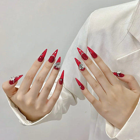 10pcs Handmade Red False Nails Long Stiletto Punk Style Press On Nails Y2k Glossy Diamond Flower Designs Fake Nail Patches